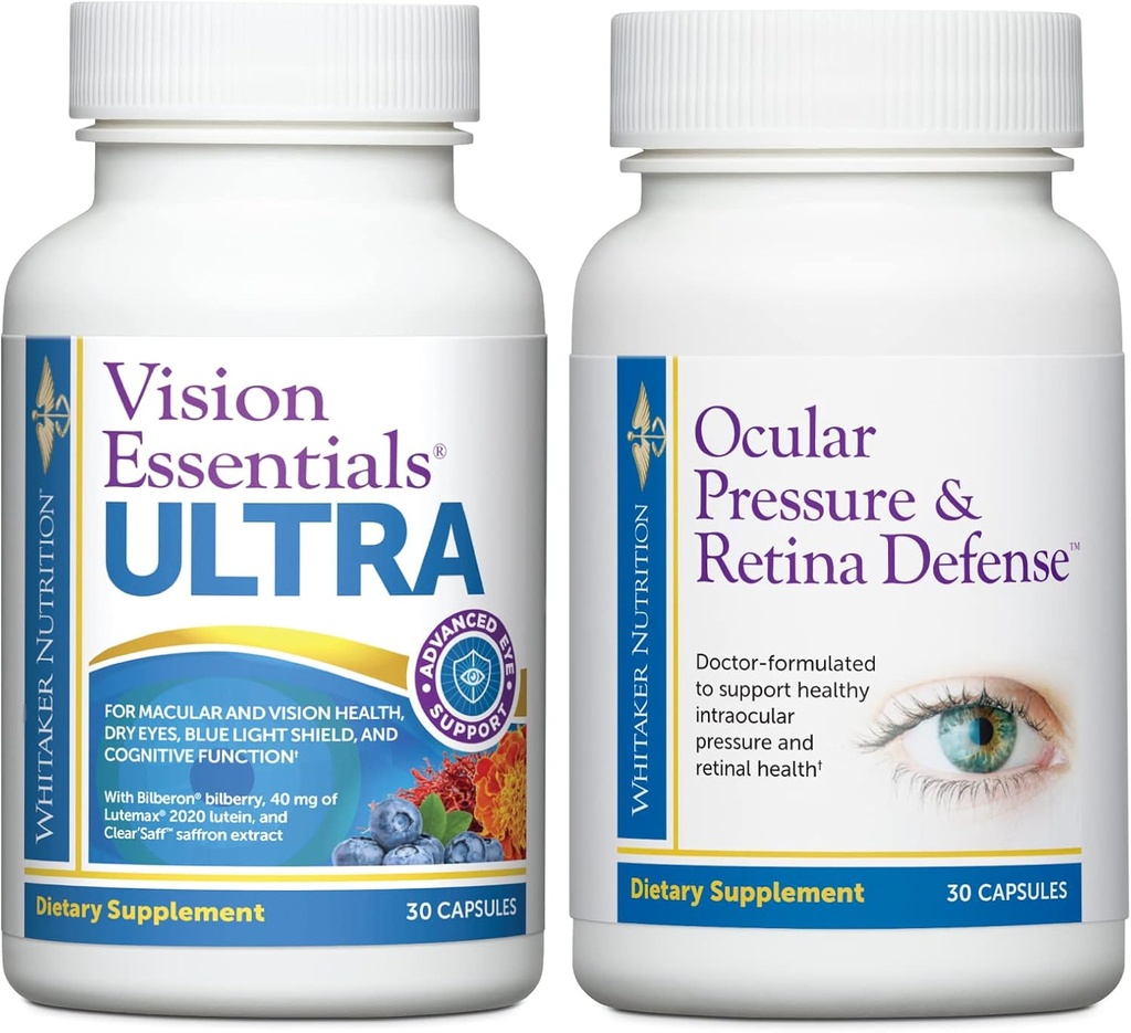 Premium Eye Health Bundle Inkluderer Visjon Essentials ULTRA for Macular & Retinal helse, Eye Strain, Okulært trykk, tørre øyne, og okulært trykk og retinaforsvar for ytterligere sunn intraocular