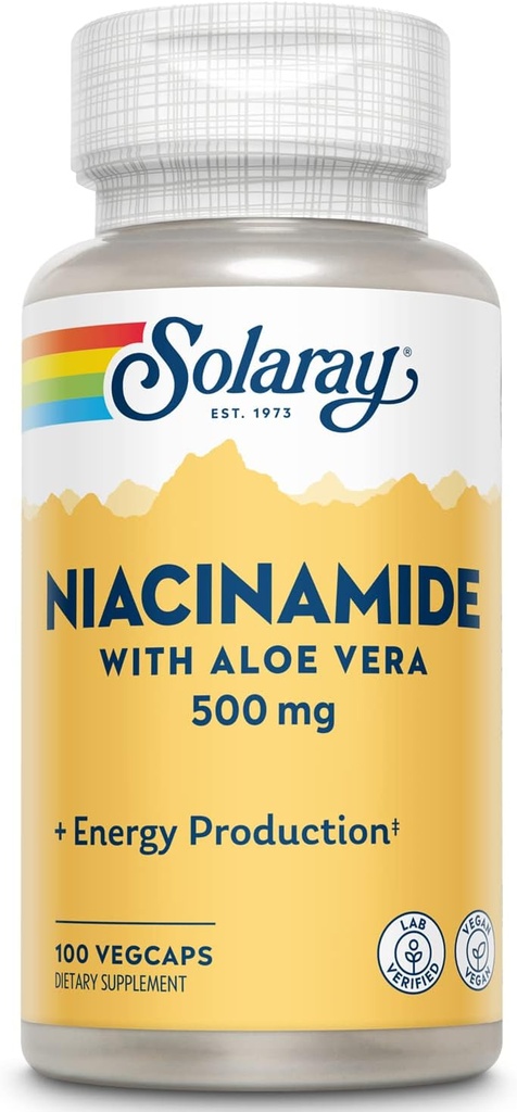 SOLARAY Niacinamid 500 mg vitamin B-3 | Energimetabolisme, sirkulasjon, Nerve og hud helsestøtte, 100 CT