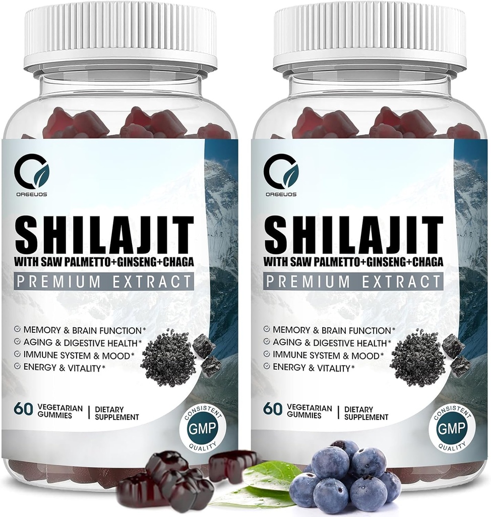 Himalaya Shilajit Gummies med 85+ Trace Minerals & Fulvic Acid for energi, immun, kognitiv støtte høy styrke ren naturlig Shilajit Supplement for menn og kvinner 60 Gummies (2 pakker)