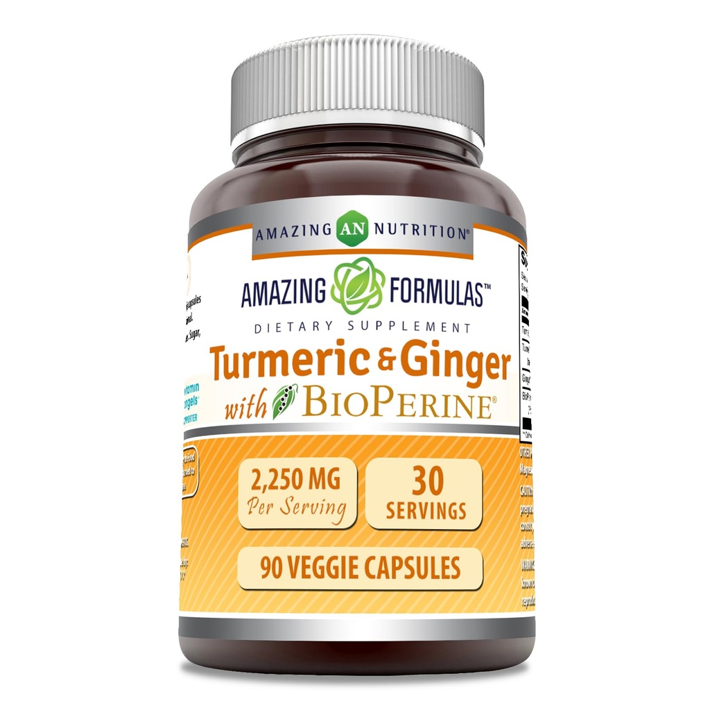 Amazing Formler Turmeric Curcumin & Ginger med BioPerine Supplement | 2250 Mg | 90 Veggie Kapsler | Ikke-GMO | Glutenfri | laget i USA
