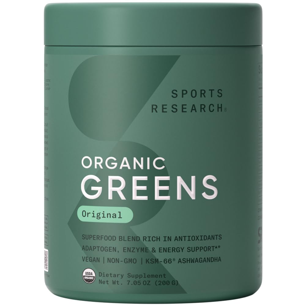 Sports Research® Organic Greens Superfood Powder m/Spirulina & Chlorella, Adaptogens, Enzymer, Probiotika og 8 VIT Bs for Gut & Mood Support* - Vegan, sukkerfri og lavkal Original 20 Services