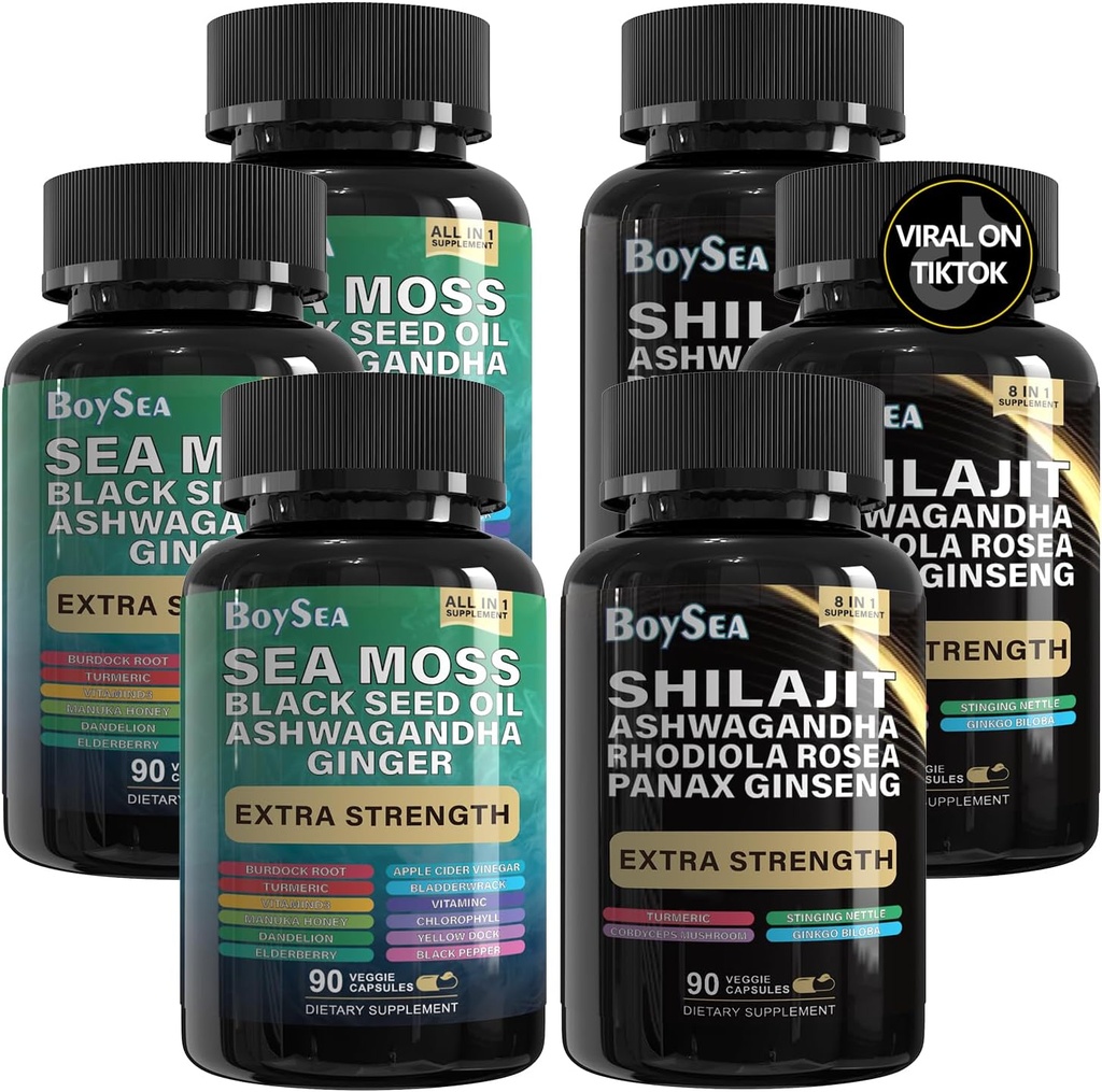Boysea. Shilajit og sjø Moss Bundle- 90 greve - Hav Moss, Svart Seed Olje, Ashwagandha, Ginger & Shilajit, Rhodiola Rosea, Alle i 1 kosttilskudd (3 stk)