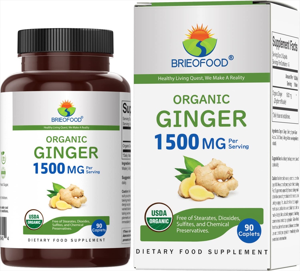 Brieofood organisk Ginger 1500mg, 45 serveringer, vegetarisk, glutenfri, 90 vegetariske tabletter