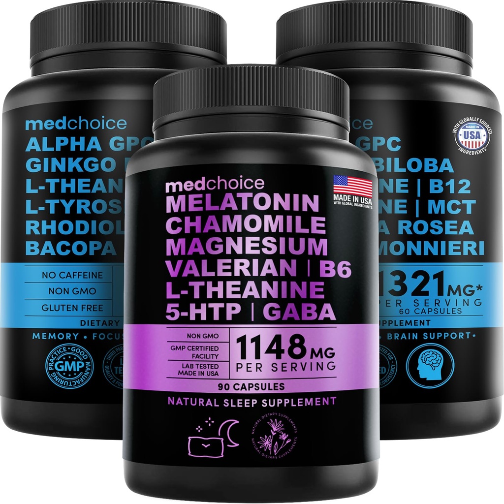 Med CHOICE Sleep Melatonin (90ct) og Nootropic Brain (120ct) Supplement Bundle - Velvære Duo for søvn, hjerne, fokus og Mood Support - Vegansk, ikke-GMO, Glutenfri