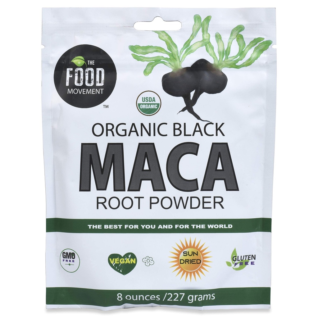 The Food Movement Co. Black Maca 8 oz Rå mat pulver - organisk, ikke-GMO, Vegansk, Glutenfri- Svart Maca Root Supplement for hele kroppens velvære