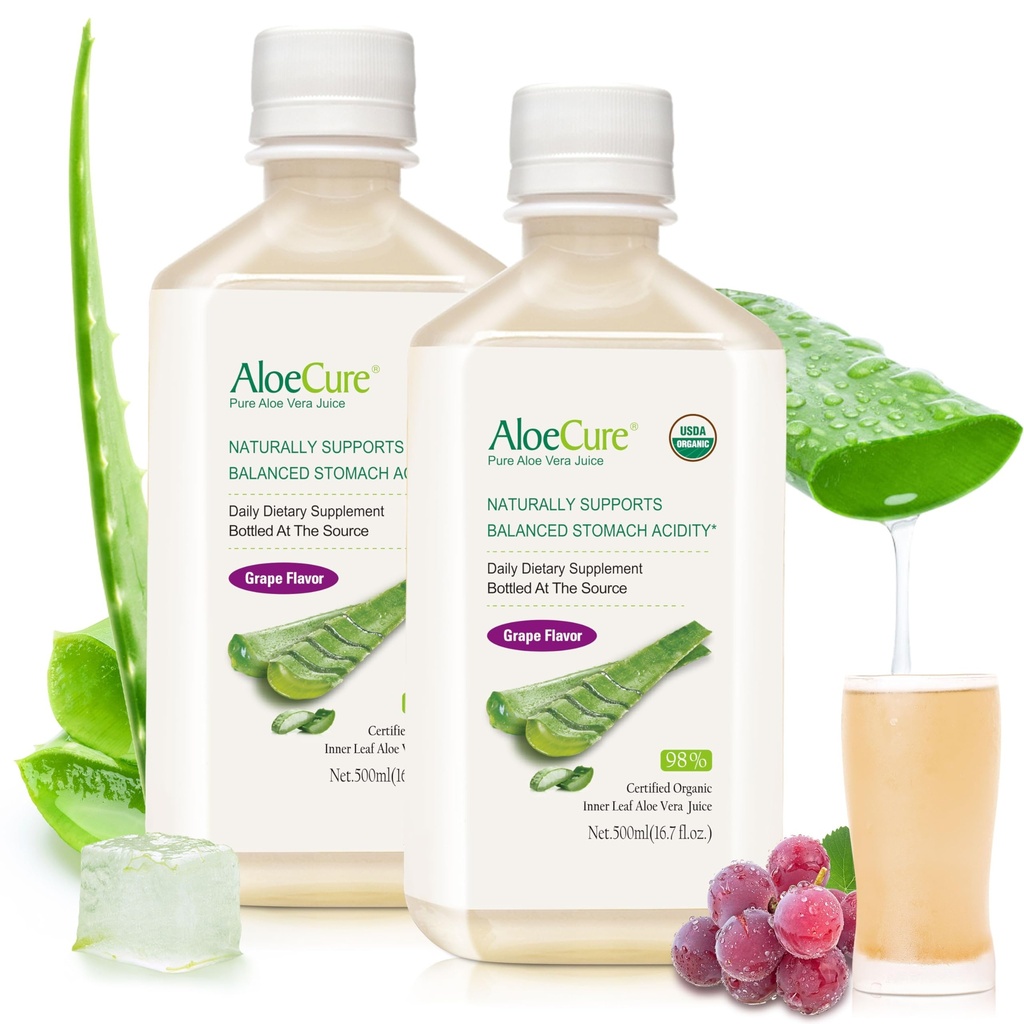 AloeCure USDA Organic Aloe Vera Juice Grape Flavor, laget innen 12 timers høst - ren aloe Vera Digestive & Immune Helse Supplement, hjelper opprettholde balansert magesyre, 16,7oz x 2 Btls