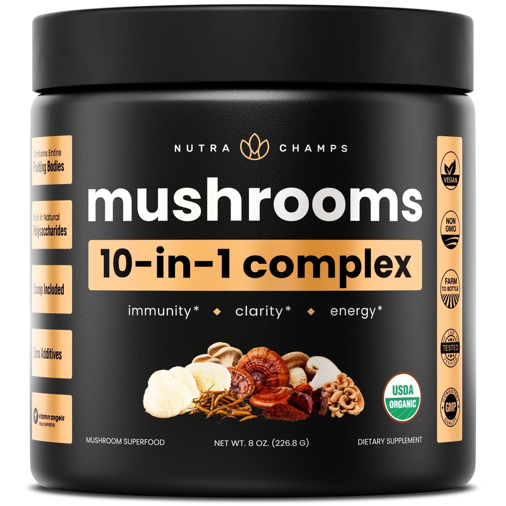 NutraChamps Organic Mushroom Powder - 10-i-1 Kompleks - Mushroom Supplement pulver blanding for minne, fokus og immunstøtte - 8 oz (8,0 OZ, Mushroom Blend)