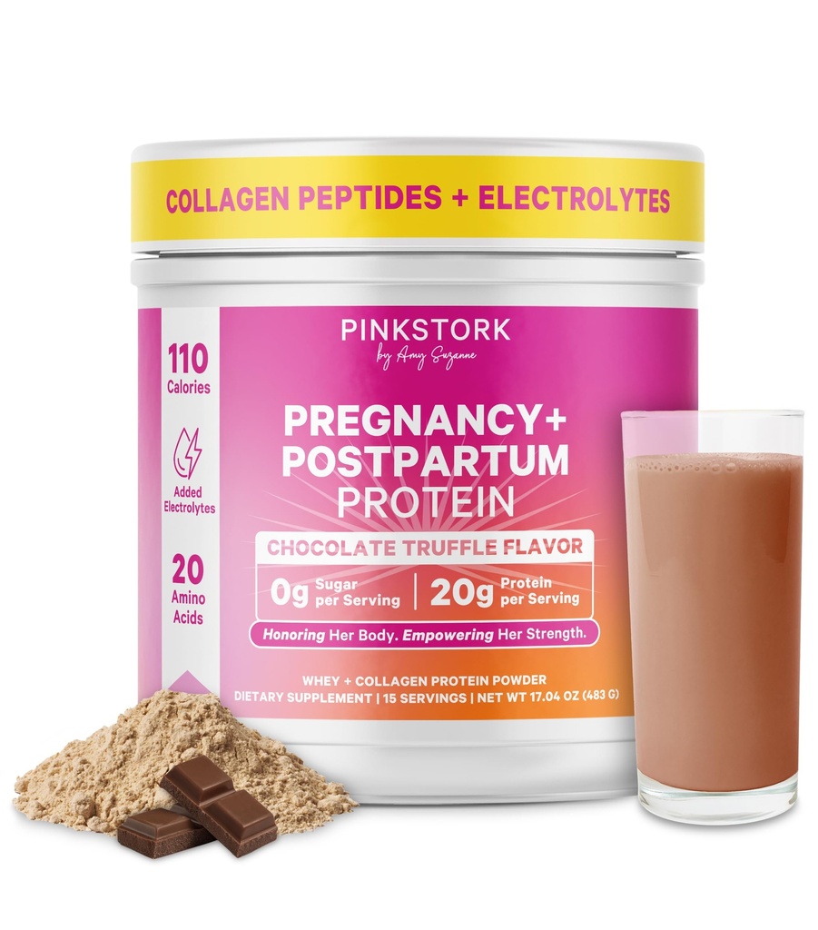 Pink Stork Graviditet & Postpartum Protein pulver for kvinner, 20g Whey & kollagen, Prenatal & Brystmating Protein Shake Mix for energi, Recovery & Hydration, Sjokolade, 15 Serveringer