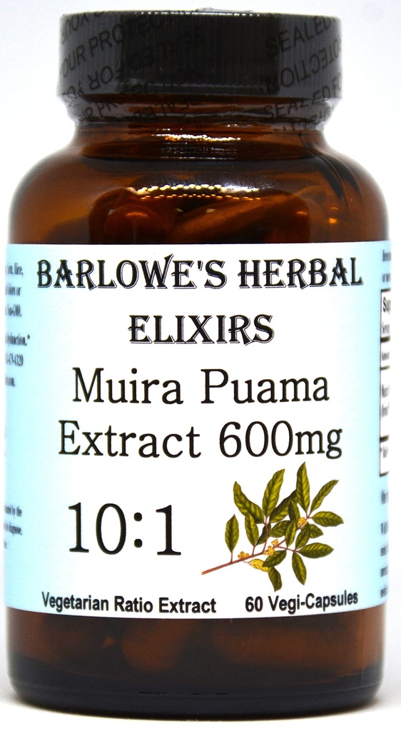 Barlowe's Herbal Eliksirs Muira Puama 10:1 Ekstrakt | 600mg Per Kapsel | Tradisjonell Mannlig Vitality Supplement | 60 Vegan Kapsler | Stearate-Free, Ikke-GMO, pakket i glassflaske