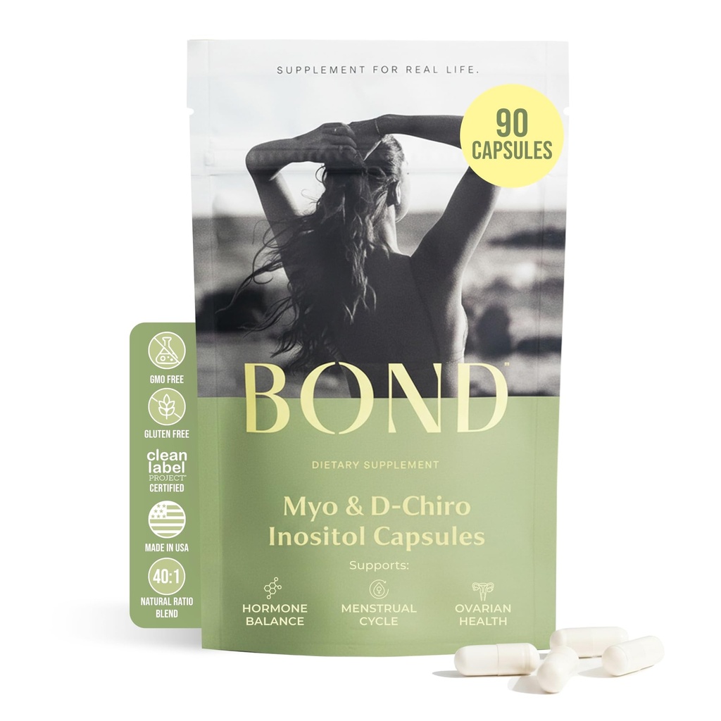 BOND Myo-Inositol & D-Chiro Inositol Supplement for kvinner | støtter hormonbalanse, sunn ovulering og vanlige sykluser – 40:1 Forholdsmessig | Fertilitetstilskudd for kvinner | 90 Vegankapsler (3/dag)