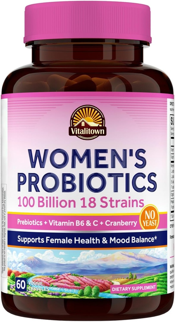 Vitalitown Kvinners Probiotika | 100 milliarder CFUs 18 Strains | Prebiotika, VC & B6, Cranberry | Holdestabil | Vaginal, Urin, Digestiv & Mood Support | 60 Vegan Caps