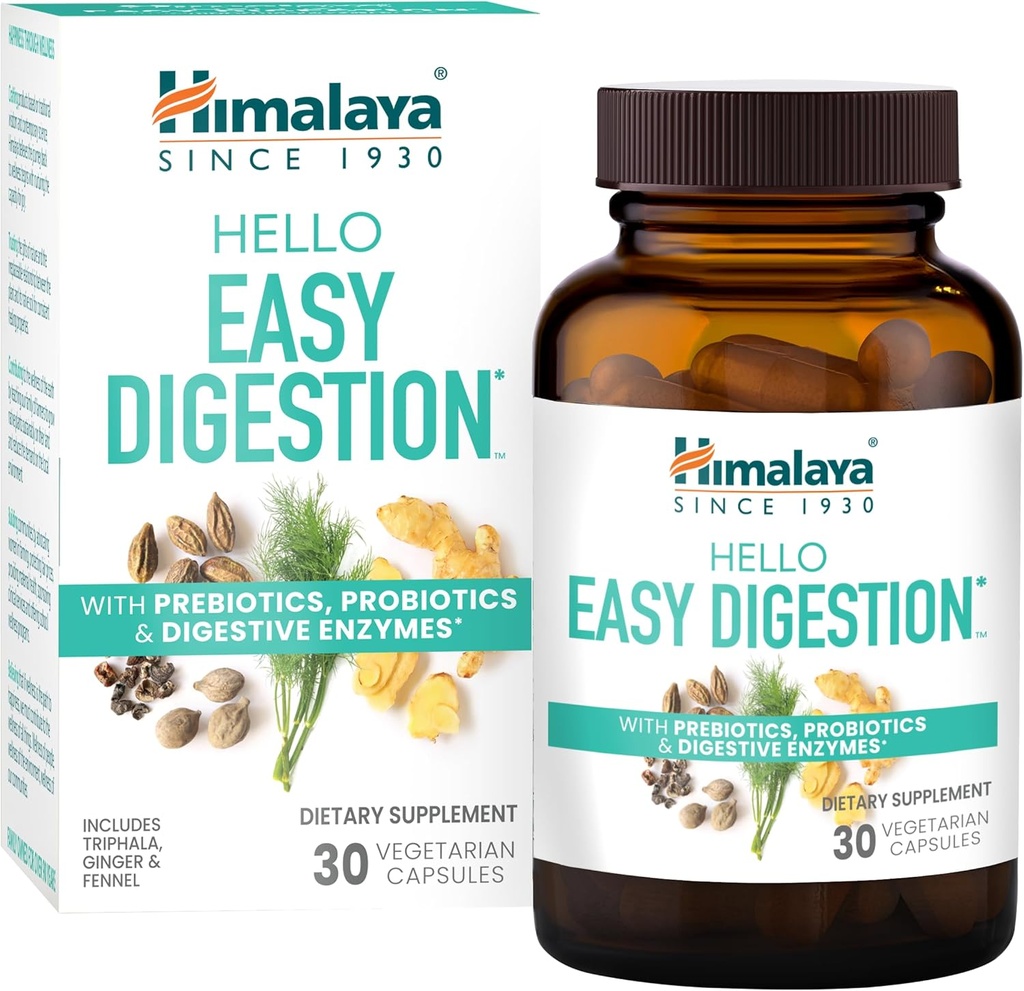 Himalaya Hei Easy Digestion, Digestive Enzymer med 2 milliarder CFU-probiotika og prebiotika, Plus 100 mg Herbal Digestive Support med Ginger, Fennel & Triphala, 30 Vegetariske kapsler
