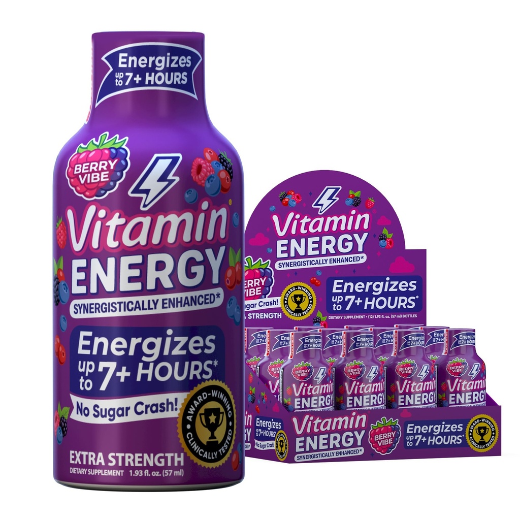 Vitamin energi Mood + Extra styrke energi Shot Tropical Berry 12 Pack, 260 mg naturlig kaffe, B-vitaminer, Rhodiola, Kamille, Mood & Energy Support, Null sukker, Glutenfri, Vegan, 1.93 fl oz