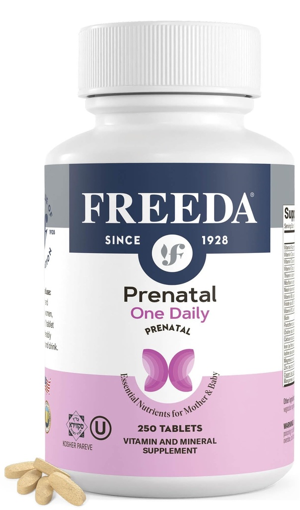 FREEDA Prenatal Vitamin - Kosher Prenatals - Prenatal vitaminer med jern, prenatal folsyre, Choline, vitamin D - En daglig Prenatal Multivitamin Støtte for gravide og lakterende kvinner (250)