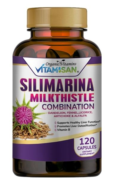 VITAMISAN Milk Thistle silimarina med Dandelion, Fennel. Licorise, Artichoke Alfafa Detox & Cleansing Formula Støtte Liver 120 Kapsler