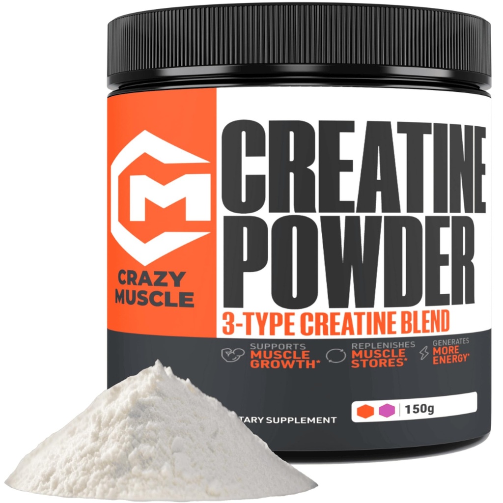 Crazy Muscle Kreatin Monohydrat pulver, 5000mg Premium 3X treatin pre trening masse gevinster, høy absorpsjon lett å ta pulver optimal ytelse for menn og kvinner, 30 serveringer