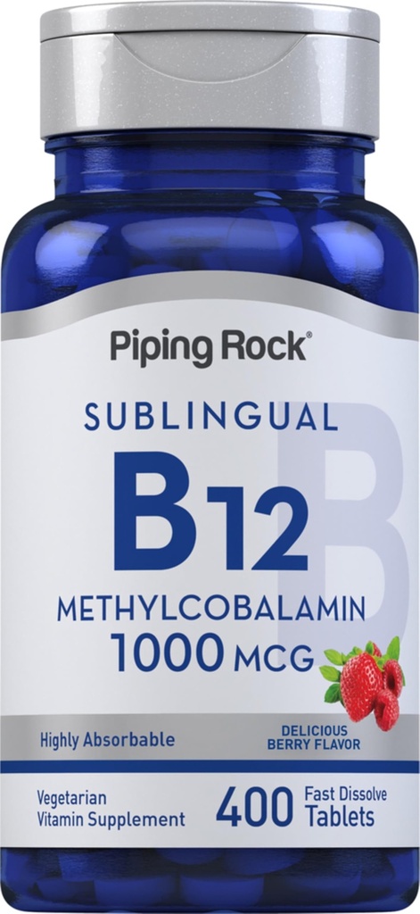 Piping Rock Vitamin B12 Sublingual Tabletter | 1000 mg | 400 piller | Methylcobalamin Supplement for kvinner og menn | Berry Flavor | Vegetarisk, ikke-GMO, Glutenfri