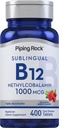 Piping Rock Vitamin B12 Sublingual Tabletter | 1000 mg | 400 piller | Methylcobalamin Supplement for kvinner og menn | Berry Flavor | Vegetarisk, ikke-GMO, Glutenfri
