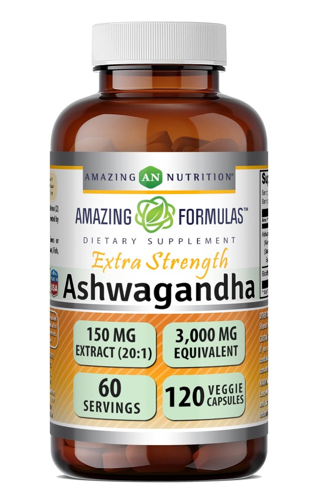 Amazing Formler Ashwagandha Ekstrakt Supplement | 150 Mg Extract (20:1) | Ekvivalent med 3000 Mg | Veggie Capsules | Ikke-GMO | Glutenfri | laget i USA (1 pakke | 120 greve)