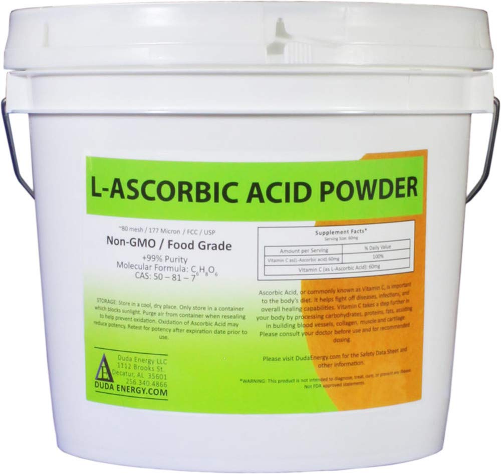 Duda Energi asc8p Pail av L-Askorbinsyre pulver 99+% Mat Grade USP36/BP2012 Naturlig fermentert ren hvitt krystaller form av vitamin C, 8 lb.
