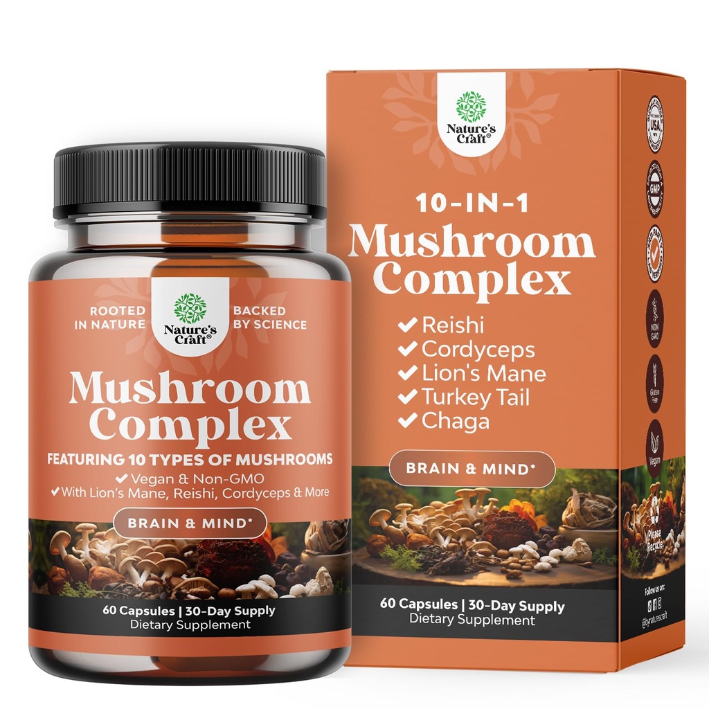Avanserte Mushroom Complex Kapsler - 10X Lions Mane Supplement Kapsler med Reishi, Chaga, Maitake & Shiitake for Brain Helse Minne Support & Focus - Nootropic for Mental Clarity - 60 Caps
