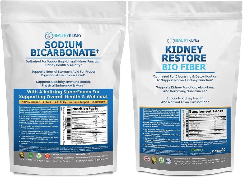 Organisk natriumbikarbonat Alkalin Supplement 1,5LB & Bio Fiber Nyre Renser Detox 2.5 LBS Bundle - støtter nyrehelse, magesyre nøytralizer, Alkaline Superfoods, immunstøtte, Detox