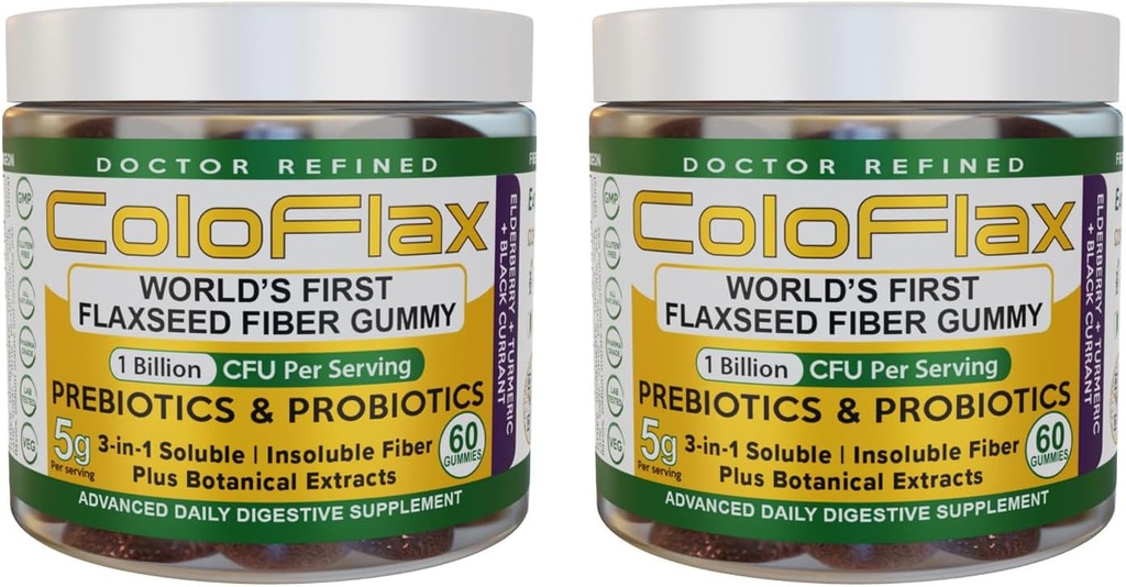 Organisk Flaxfrø Fiber + Probiotiske Gummier | Stivelse Relief & Regularity Uten Kramp for voksne, Oppløselig & Uoppløselig Triple-Fiber Vegan Gummies - 60 Serverer