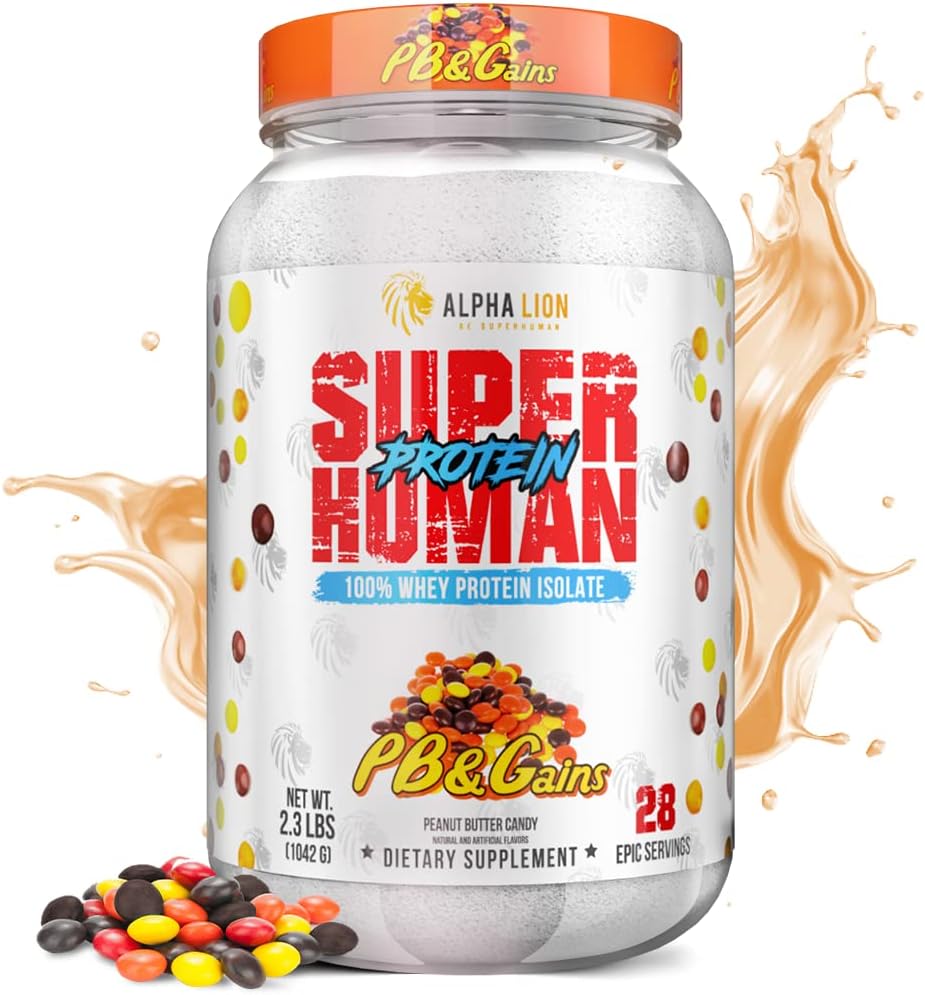 ALPHA LION Superhuman Whey Protein Powder, Great Tasting ren Whey Protein Isolate, lav carb, lav sukker, ingen Bloat post trening, Muskelgjenvinning og vekst (28 Serveringer, PB & gevinster)