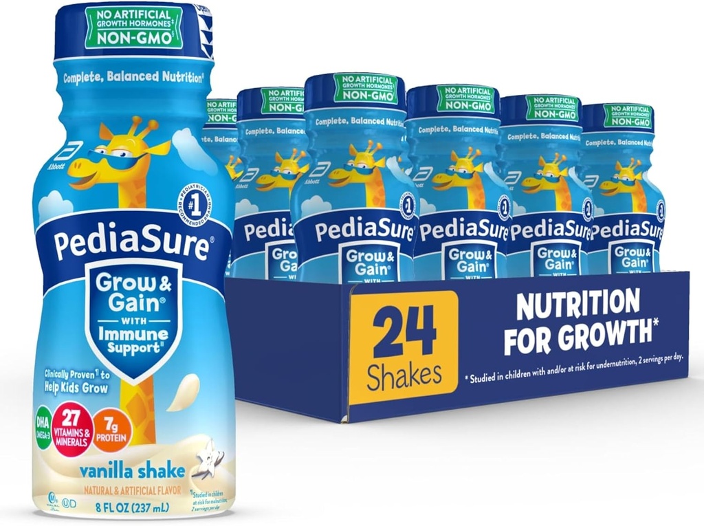 PediaSecure Grow & Gain med immunstøtte, 27 vitaminer og mineraler for barn, 7g protein, ikke-GMO, Glutenfri, Vanilla, 8-fl-oz flaske, pakke med 24