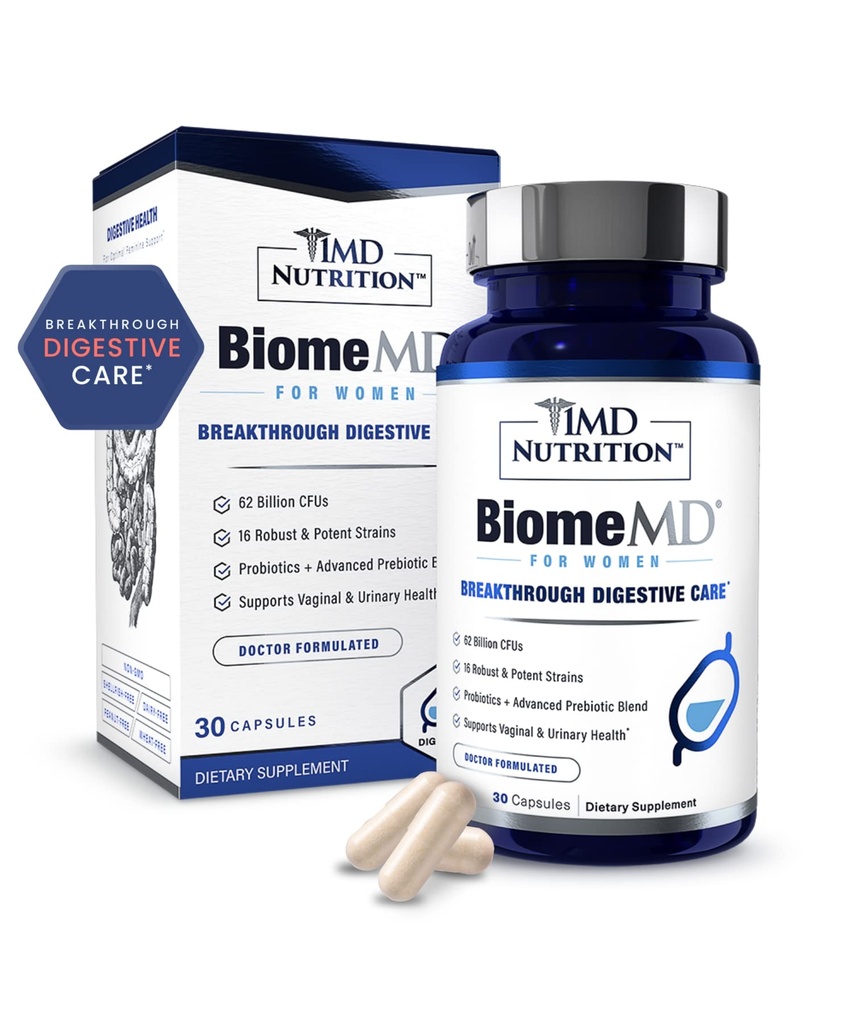 1MD Nutrition BiomeMD Probiotika for kvinner - Daglige Prebiotika og probiotika for kvinner - mer enn 60 milliarder CFU, 15 Strains - Kvinner Probiotika for å støtte urin- og vaginal helse - 30 kapsler