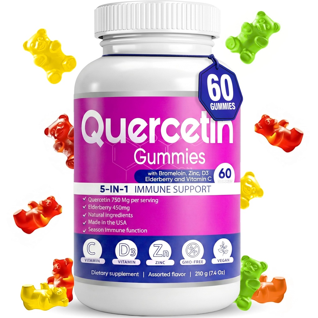 Quercetin Gummies by BioVitalica - Quercetin med Bromelain Vitamin C og sink & Elderberry + vitamin D3-5 i 1 immunstøtte - Zink Quercetin 750 mg for barn og voksne (1)