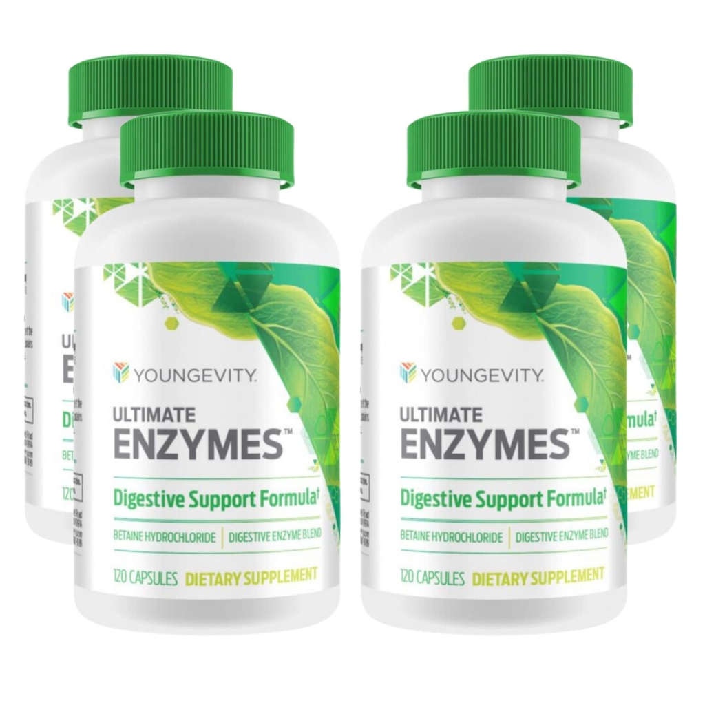 Youngevity Ultimate Enzymes® - Flere Enzymer for Digestion, Gas & Bleating Relief - Betaine HCl, Ox Bile, Pancreatine 10X, Papain 6M, Pepsin 1:3000 (120 Kapsler - 4 Pakke)