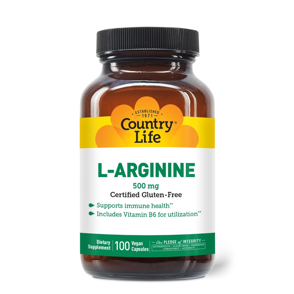 Country Life L-Arginine Caps med vitamin B-6, 500 mg, 100 vegansk kapsler, sertifisert Glutenfri, sertifisert Vegan