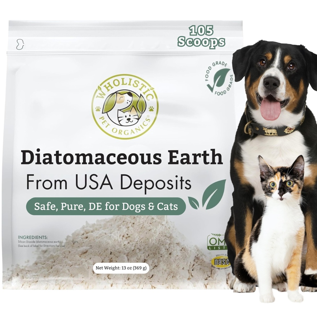 Wholistic Pet Organics Diatomaceous Earth - Mat klasse for hunder og katter - 13 Oz - Multibruk pulver - Kjæledyr trygt ikke-kjemisk ferskvann kildet Silica støtter generell helse - Nylaget i USA