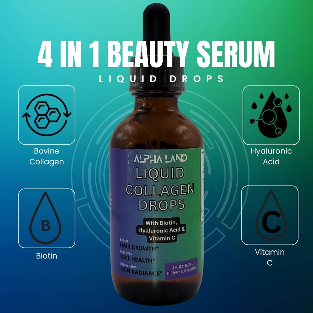 Flytende kollagen - Hyaluronsyre, Biotin, vitamin C, hudhydrasjon, hårvekst, neglestyrke - Anti-Aging Beauty Serum Supplement (Drop Form)