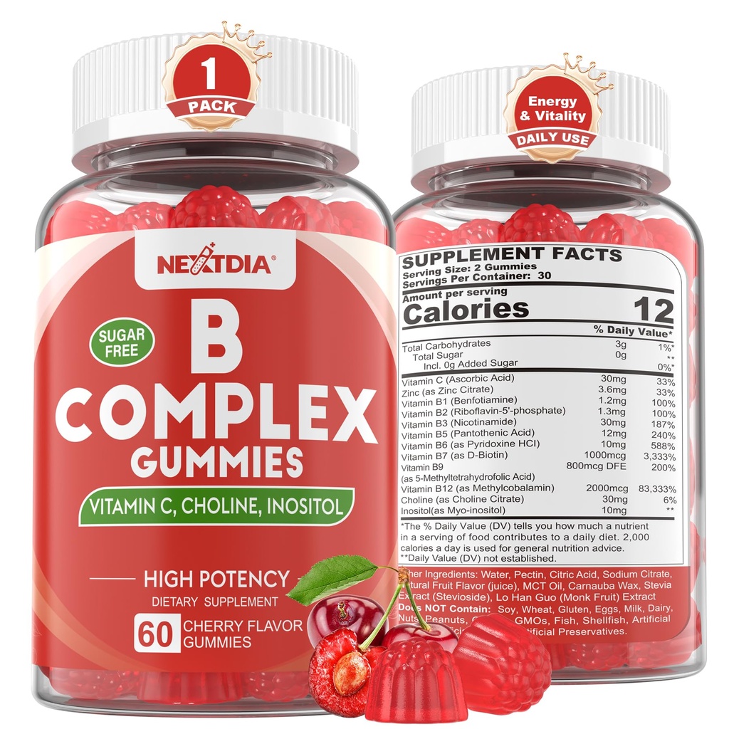 Vitamin B komplekse gummier, Vegansk vitamin B gummier med 2000 mht. Metyl B12, Metyl Folat Plus Choline + Inositol, vitamin C + sink for støtte energi, humør, immun, sunn hår, hud - 60 cts