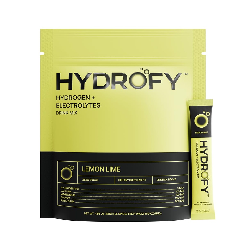 Hydrofy hydrogenvann + elektrolyter drikkblanding | H2 Hydration Packets med molekylær hydrogen, natrium, kalium, magnesium, kalsium og mineraler | No Sugar | Lemon Lime | 25 ct
