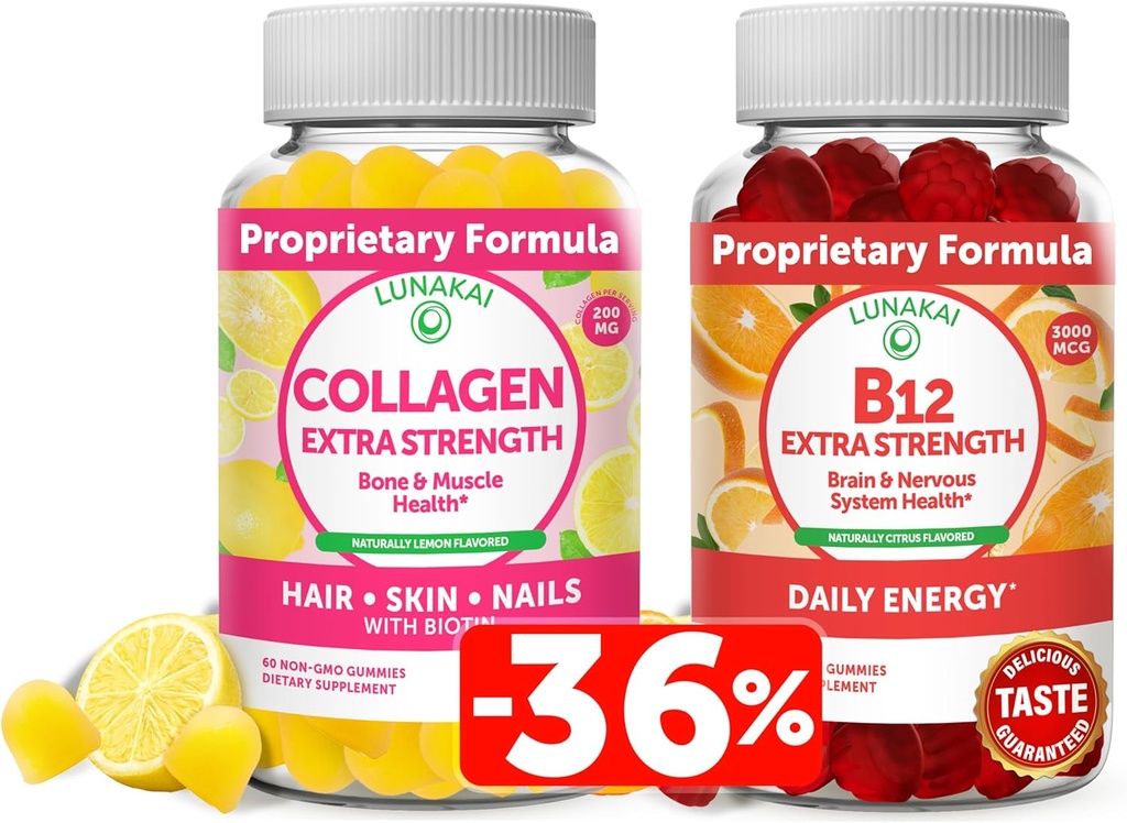 Lunakai Collage & Biotin Gummies Bundle - Vitaminer for hår, hud og ungdomslig utseende - Ikke-GMO Anti Aging Protein Supplement for menn og kvinner - 30 dagers forsyning