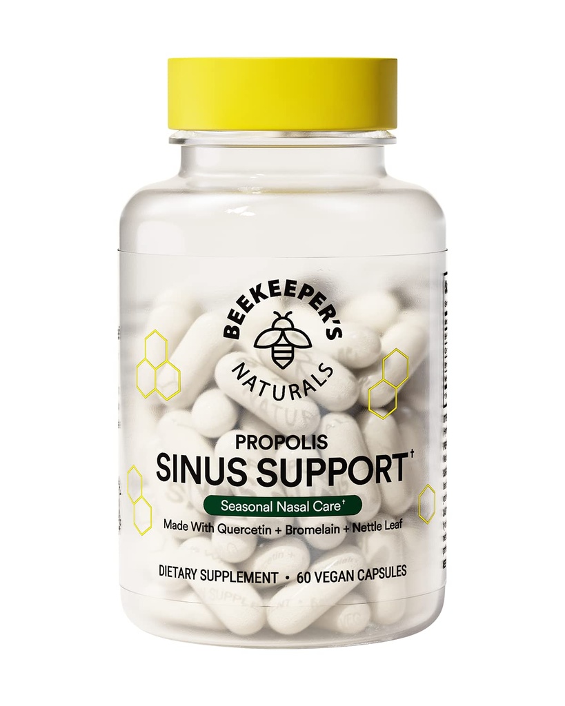 Beekeeper’s Naturals All Natural Sinus støtte for voksne, sesong Nasal Care Relief med Propolis, Quercetin, Bromelain, Nettle Leaf, & Vegan Capsule, Blokker eller Suppresses Histamin, 60 ct
