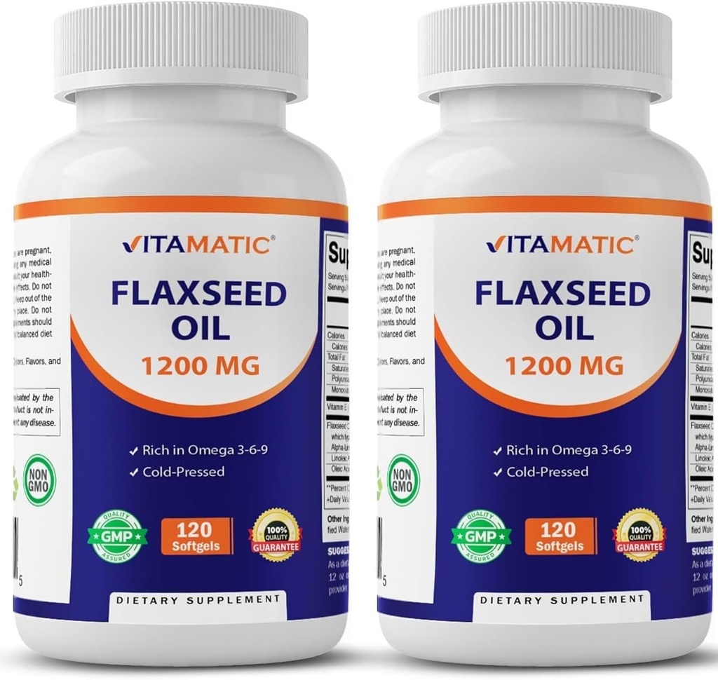 Vitamatic 2 Pack Flaksfrø Olje 1200 mg 120 fra kaldt presset Flaksfrø - 675 mg ALA Omega 3 fettsyrer for å forbedre hjerte helse