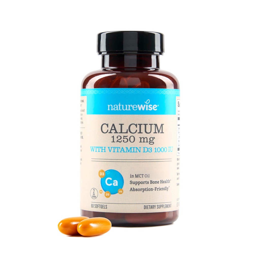NatureWiki High-Purity, All-Naturlig Kalsium 1250mg + vitamin D3 1000IU + organisk MCT kokosolje - Graviditet trygt + ikke-GMO - Absorpsjonsvennlig, Glutenfri - 60 Softgels[30-dagers forsyning]