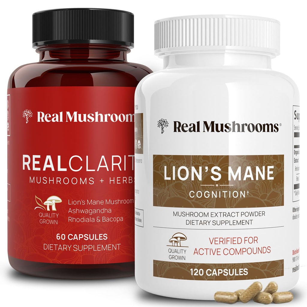Ekte Mushrooms RealClarity (60ct) og Lions Mane (120ct) Kapsler Bundle - Mushroom Supplement for hjernens helse, mental klarhet, fokus, kognisjon og immunstøtte - Brain vitaminer w/Ashwagandha