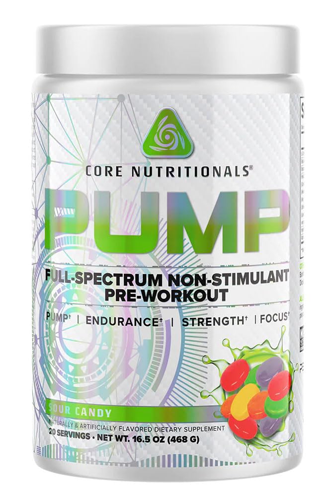 Core Nutritionals Pump Full-Spectrum Non-Stimulant Pre-Workout, med N03T Nitrat, Peak02, Alpha GPC, for maksimal pumpe, styrke og ytelse 20 serveringer (Sour Candy)