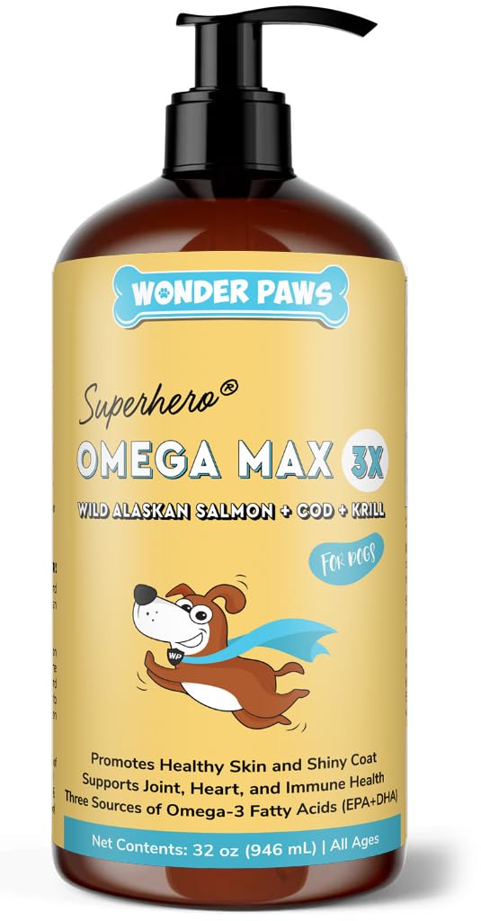 Wonder Paws Fish Oil for Hunde - Omega 3 for Hunde fra Alaskan Salmon, Cod & Krill Oil - EPA DHA Fatty Acids - Mindre Shedding & Kylling - Hud, Joint, Immun & Hjerte Helse - Flytende Supplement (32 oz)