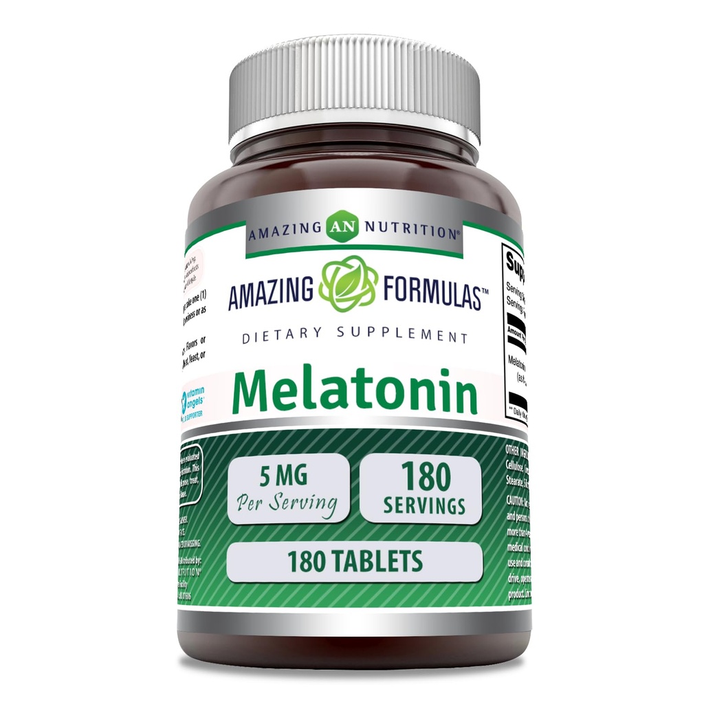 Amazing Formler Melatonin Supplement | Unflavored | 5 Mg | 180 Tabletter | Ikke-GMO | Glutenfri |