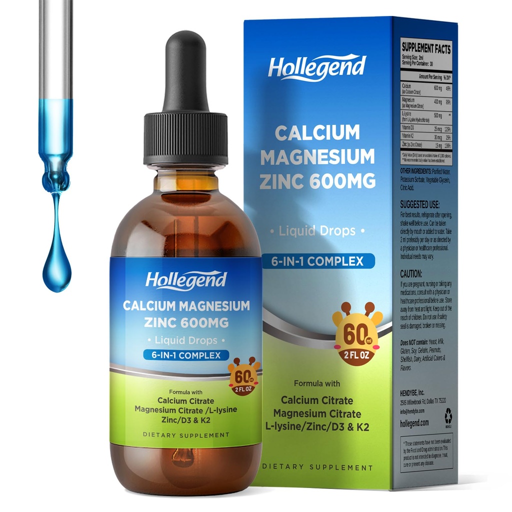 Flytende kalsium Citrat Drops med L-Lysine 500mg, magnesium og sink, kalsium citrat 600mg Supplement med vitamin D3 & K2 for barn og voksne, 2 Fl Oz