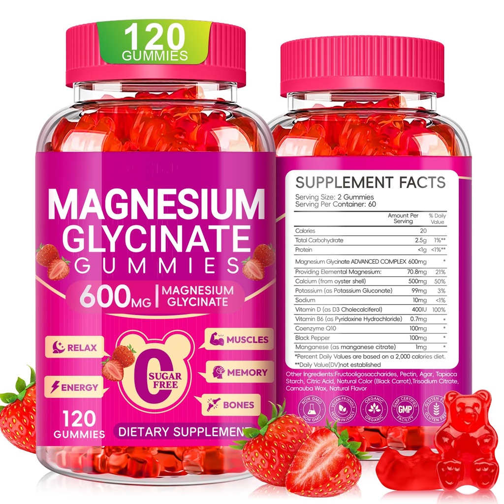 Magnesium Glycinate Gummies 600 mg, Chewable Sukker Free Kalium Magnesium Gummies med magnesium Glycinate, vitamin D, B6 og CoQ10 for søvn, avslapning, hjerne og muskel, 60 dagers forsyning