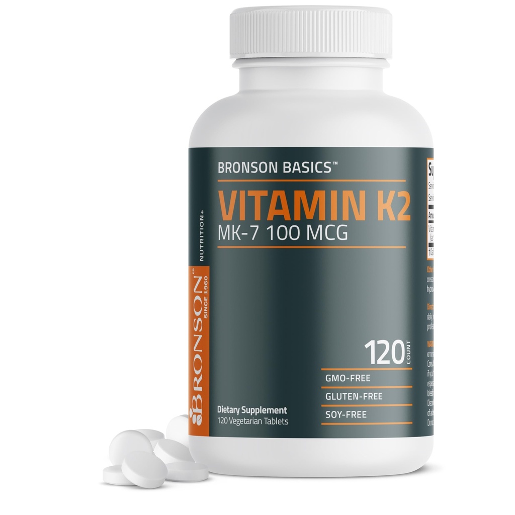 Bronson vitamin K2 MK-7 100 MCG, K2 som MK7 Menaquinon, Bone støtte ikke-GMO, 120 tabletter