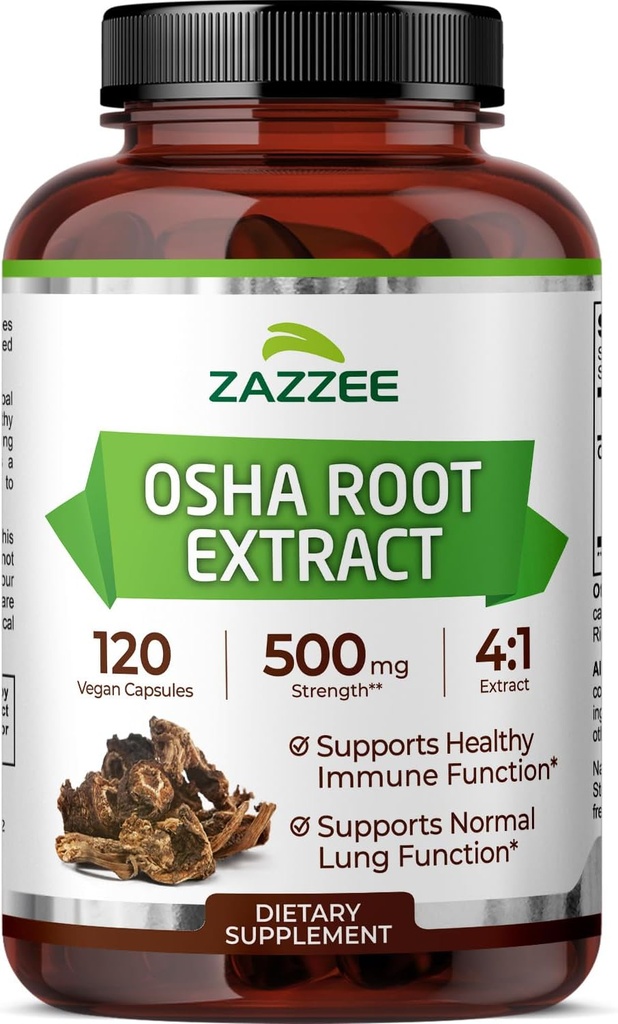Zazzee OSHA Root 4:1 Ekstrakt, 500 mg Styrke, 120 Vegan Capsules, 4 måneders forsyning, konsentrert og standardisert 4X ekstrakt, 100% vegetarisk, ligusticum porteri, all-naturlig og ikke-GMO