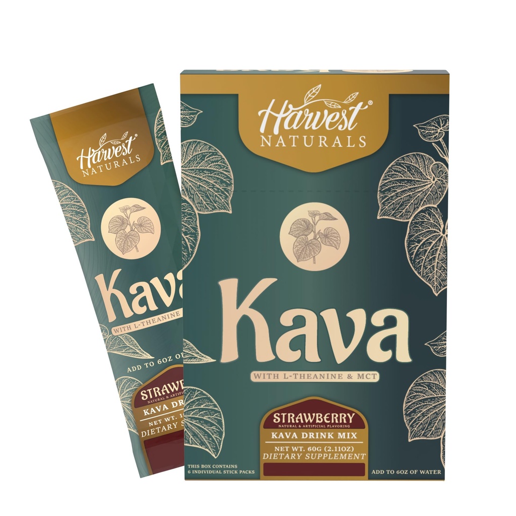 Kava ekstraksjon med L-Theanine & MCT Drink Mix | Strawberry Flavor | På-The-Go Sticks Legg til vann | 6 Sticks (6 Serveringer)